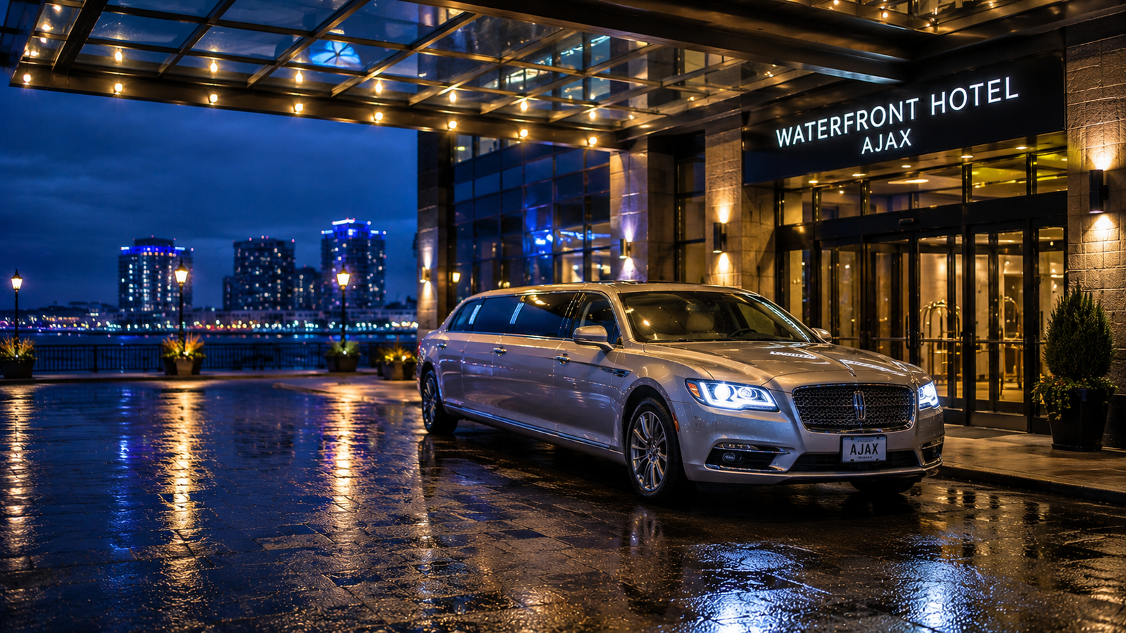 White stretch limousine parked outside a luxury hotel lobby in Ajax at dusk.