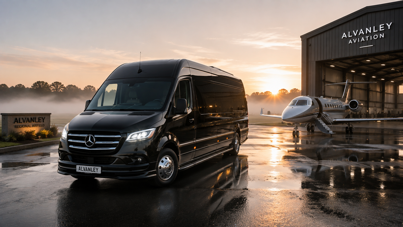 Black Mercedes Sprinter luxury limo van parked near a private jet hangar in Alvanley.