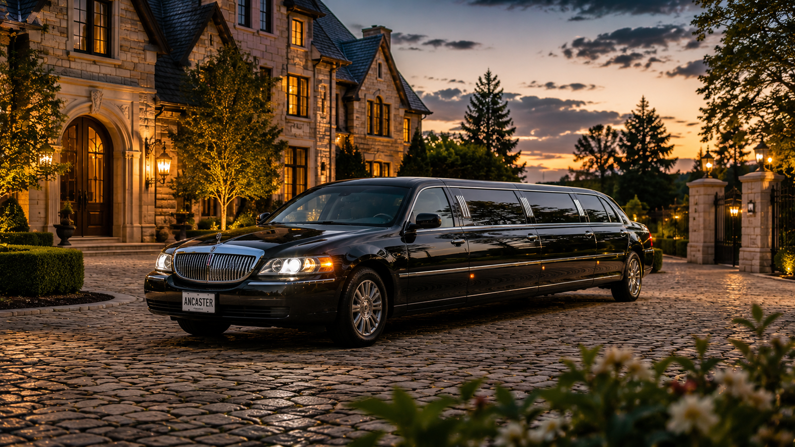 Black luxury sedan limo parked on a cobblestone driveway outside an Ancaster mansion.