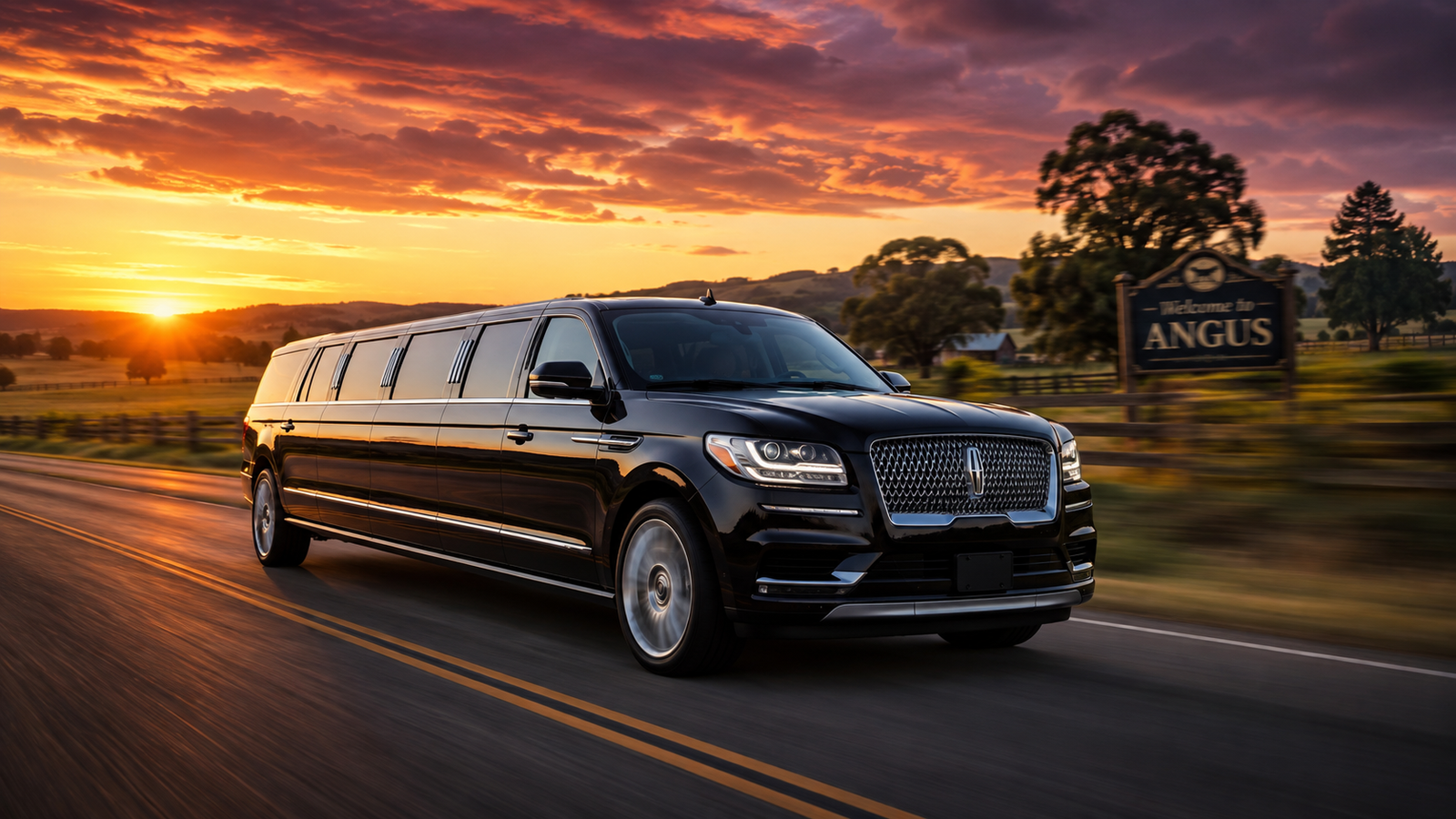 Executive metallic gray SUV limo driving along an open highway at dusk near Angus.