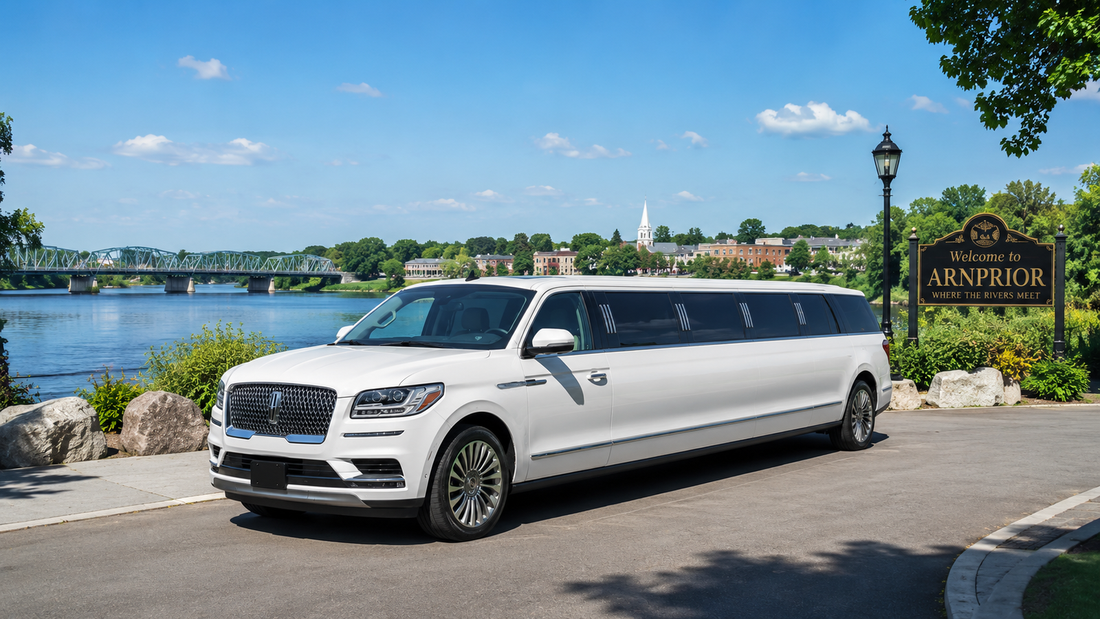 Pristine white luxury SUV limo parked near a riverfront scenic overlook in Arnprior.