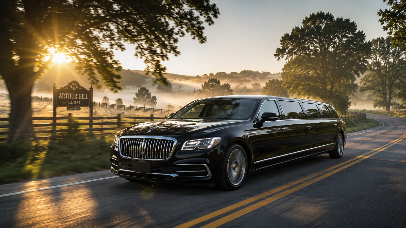 Black executive sedan limo driving on a winding countryside road in Arthur Hill.