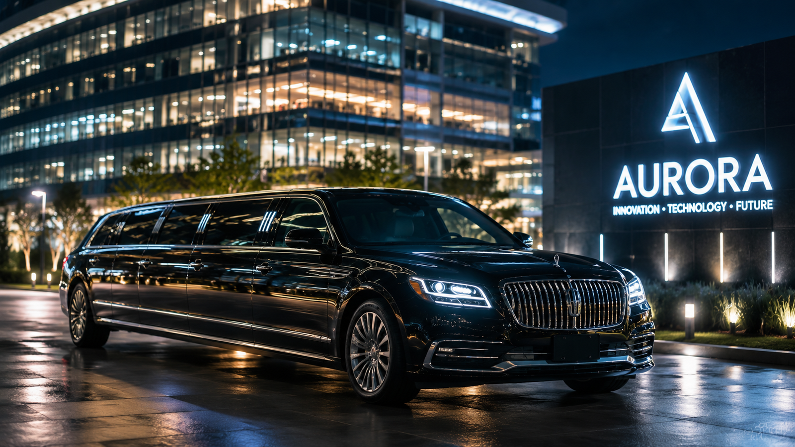 Modern black stretch limousine parked outside an illuminated commercial building in Aurora at night.