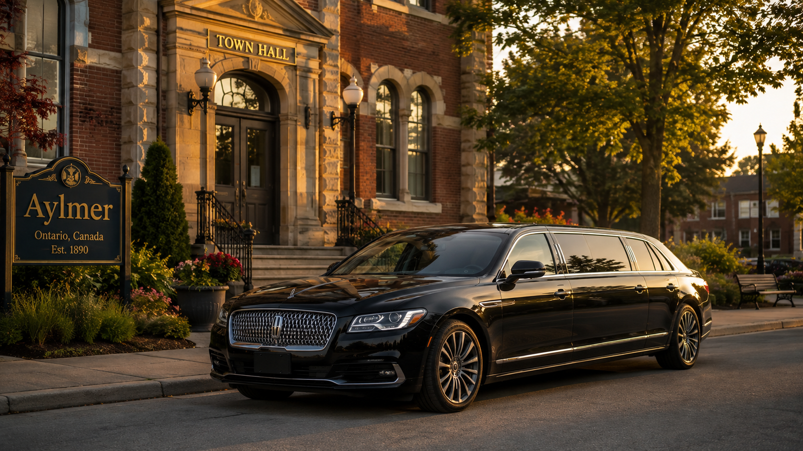 Silver executive sedan limo parked near a historic town square in Aylmer.