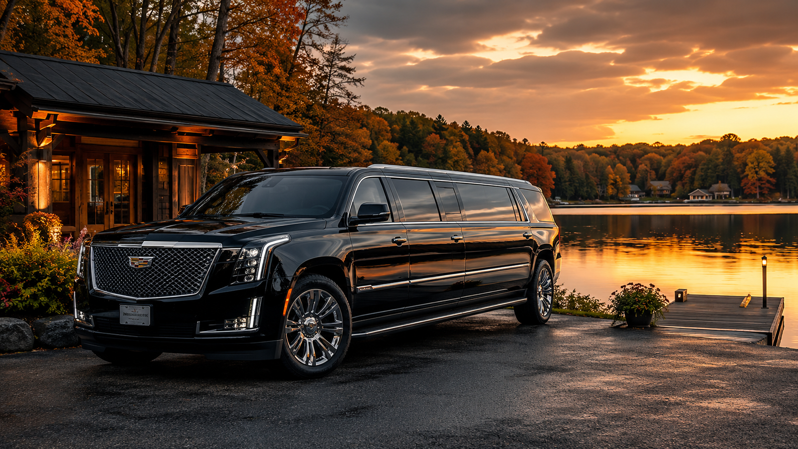 Black luxury SUV limo parked near a waterfront lake cabin dock in Bala.