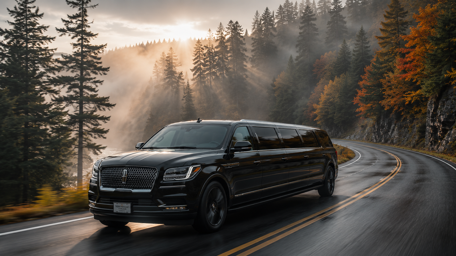 Dark gray luxury crossover limo driving through a dense forested highway in Bancroft.
