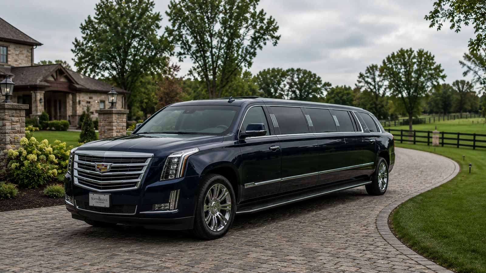 Dark navy luxury SUV limo parked outside a quiet country estate in Berkley.