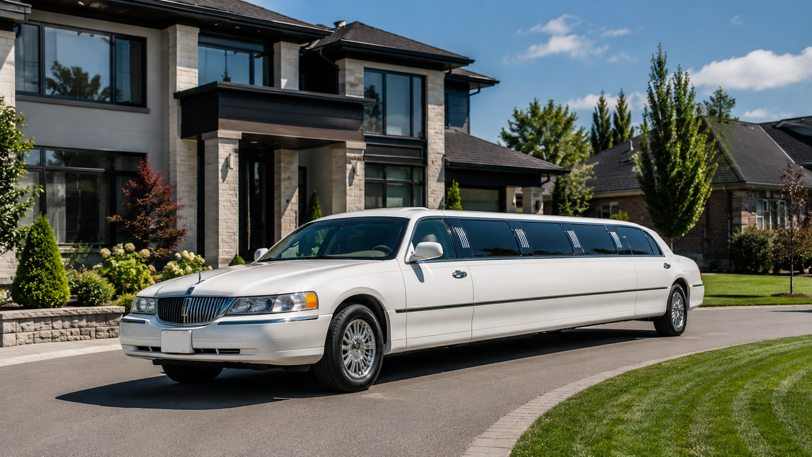 Pearl white executive sedan limo arriving at a luxury suburban residence in Barrhaven.