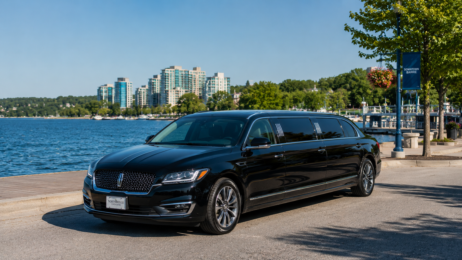 Black sedan limo parked near the Kempenfelt Bay waterfront boardwalk in Barrie.
