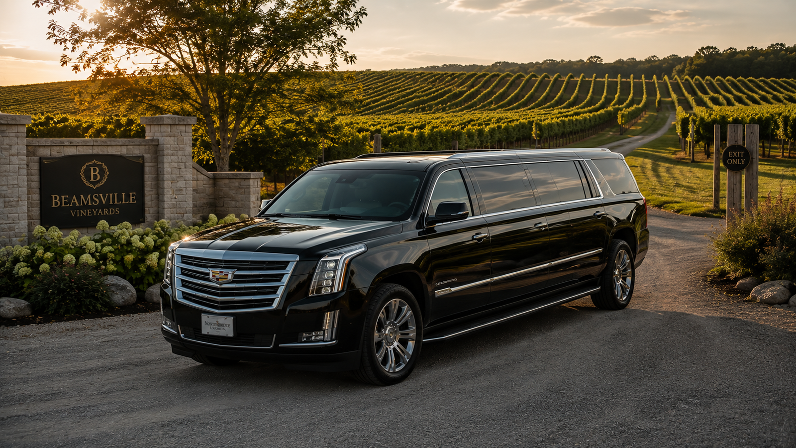 Executive SUV limo parked beside a sprawling commercial vineyard in Beamsville