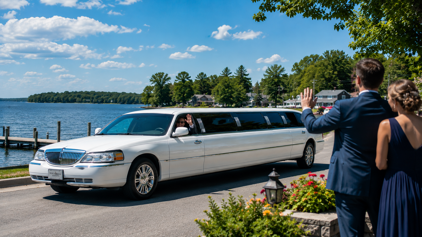White stretch limousine driving along a tranquil lakeside road in Beaverton.