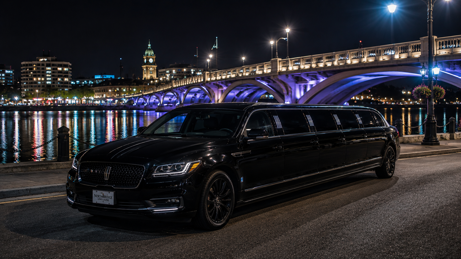 Black executive sedan limo parked near an illuminated arch bridge in Belleville at night.