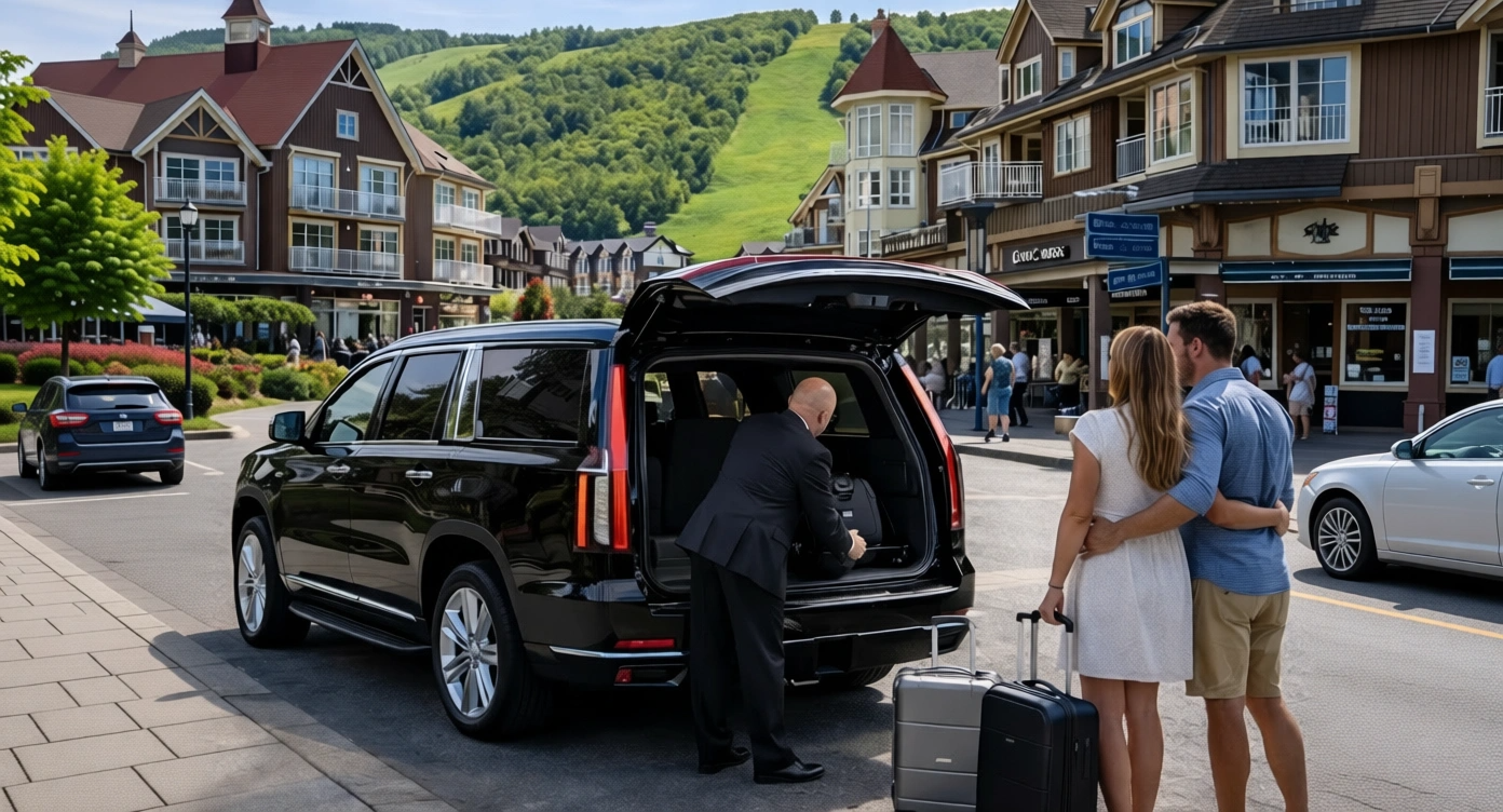 Black luxury SUV limo equipped with ski racks parked near a Blue Mountain resort lodge.