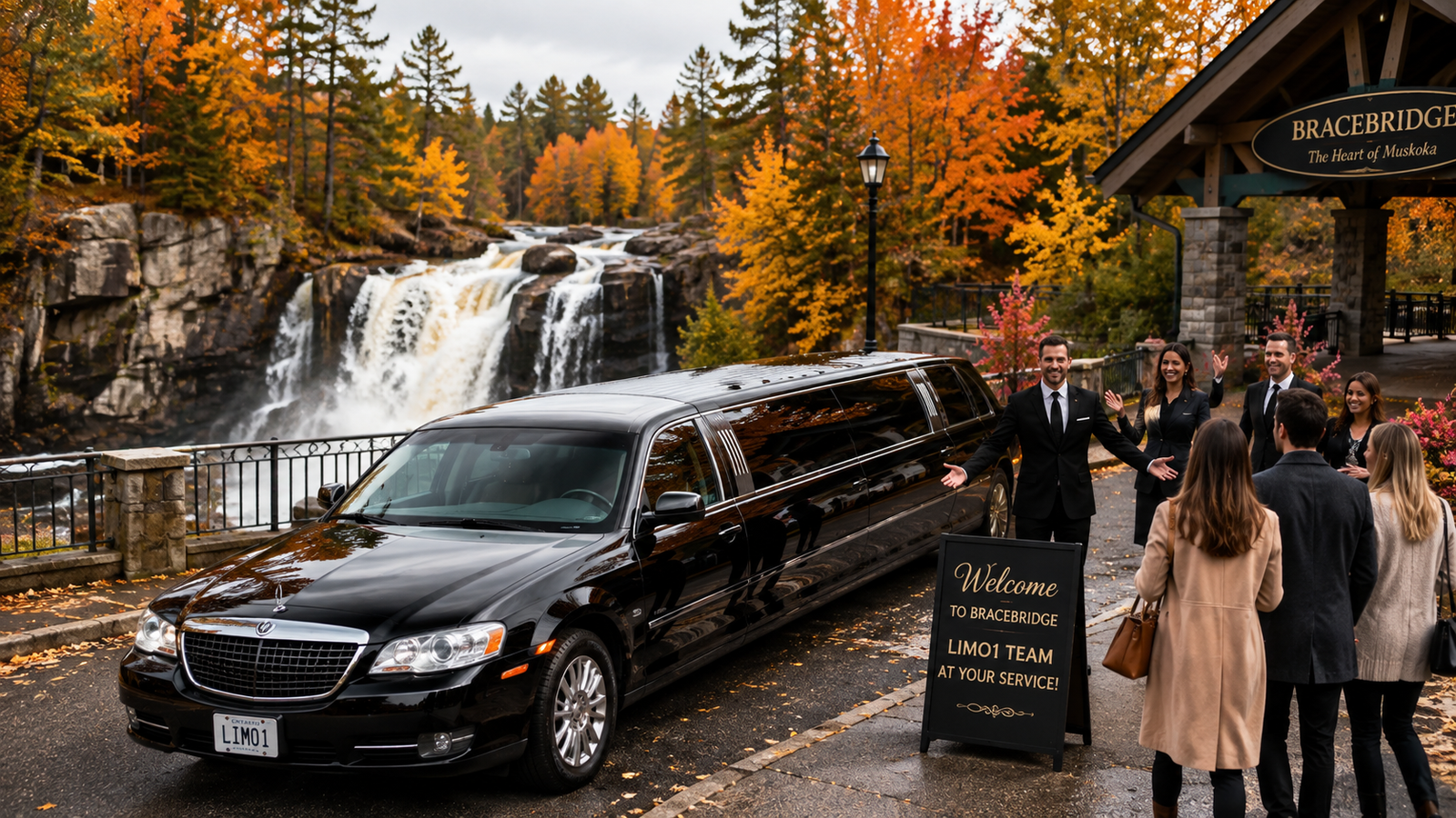 Black stretch limousine parked near a waterfall park in Bracebridge during autumn.