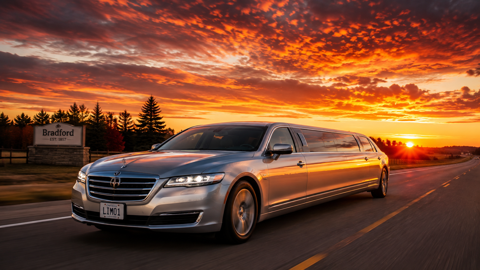 A high-end black limousine gliding past a bustling, illuminated city center in Brampton at night. Urban nightlife background with bokeh light trails, dynamic luxury lifestyle shot. --ar 16:9