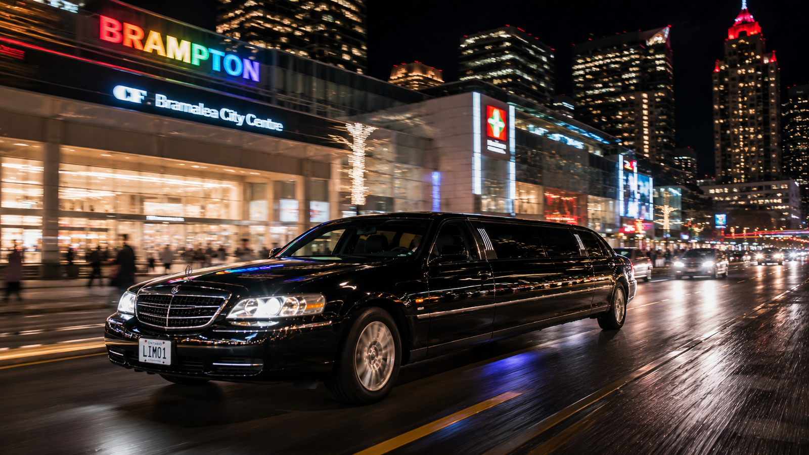 Black stretch limousine gliding past a bustling illuminated city center in Brampton at night.