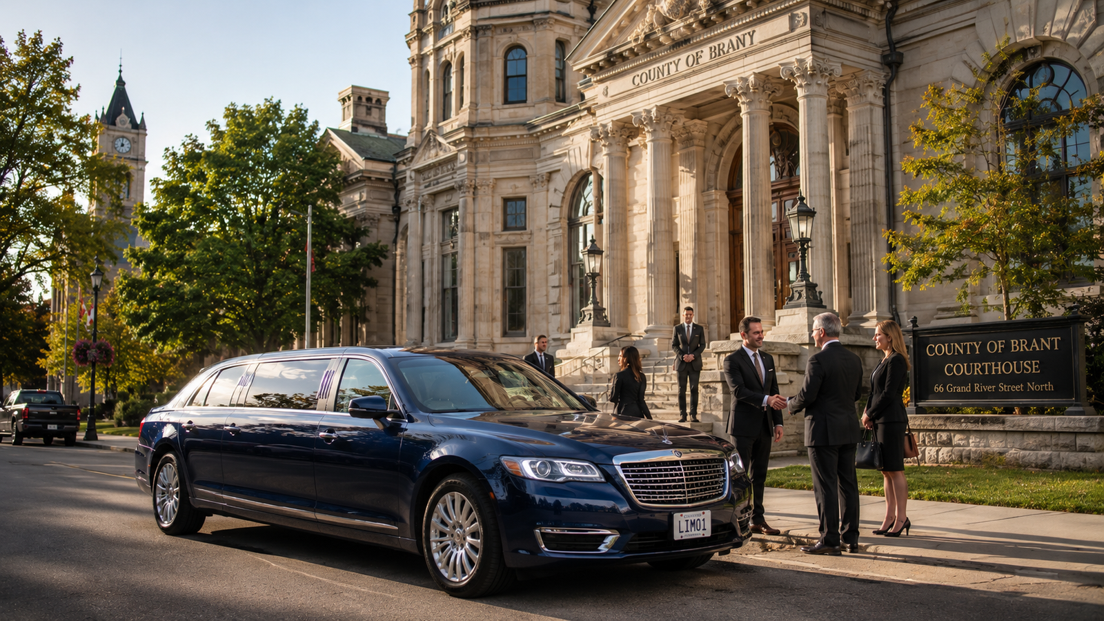 Dark blue luxury sedan limo parked outside a historic courthouse in Brant.