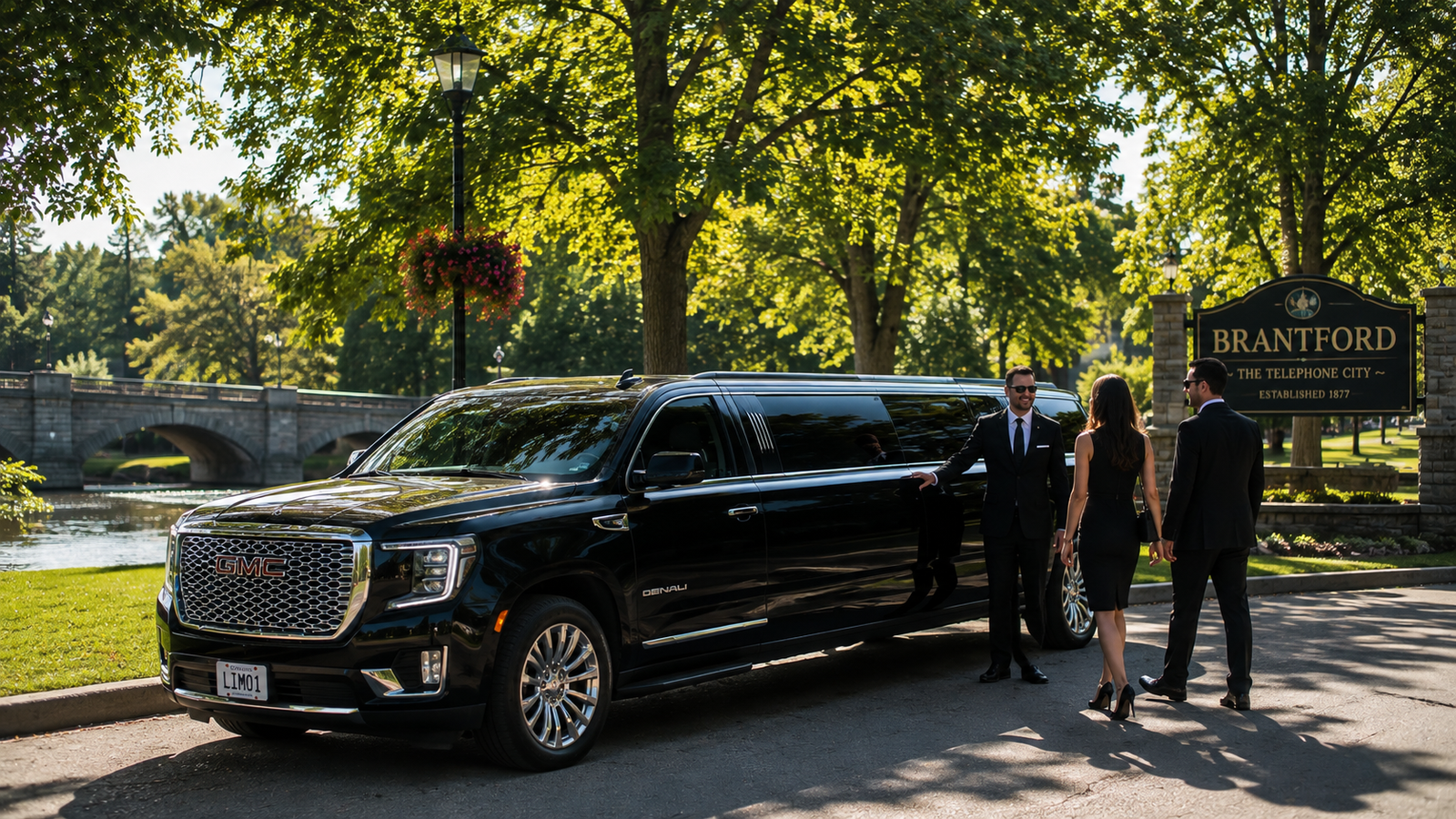 Dark blue luxury sedan limo parked outside a historic courthouse in Brant.