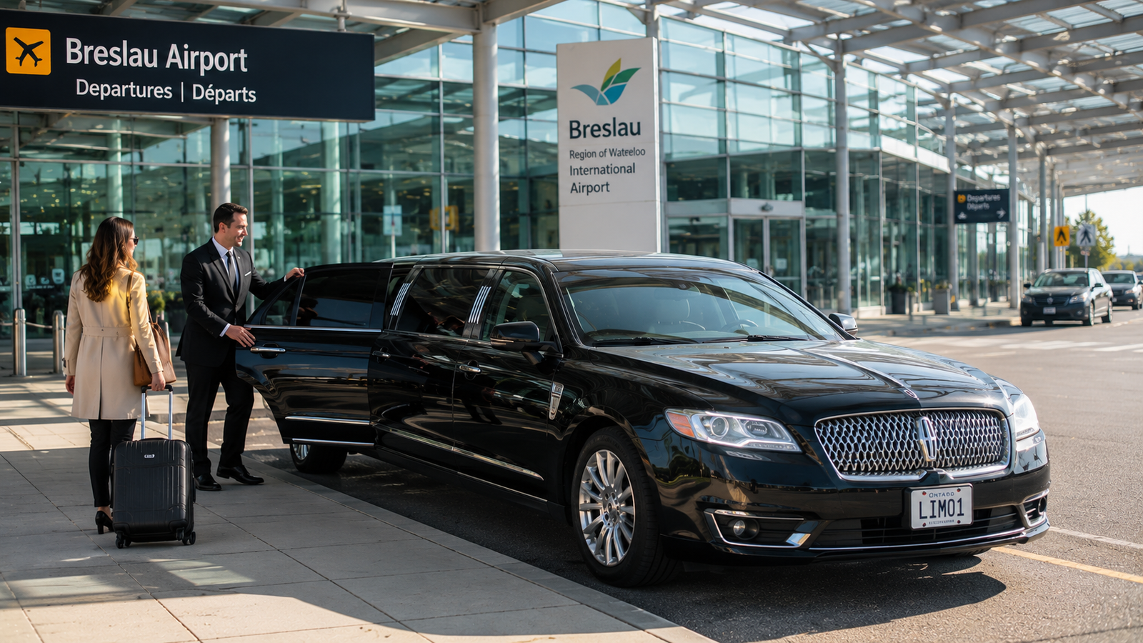Sleek silver sedan limo parked at a regional airport drop-off zone in Breslau.