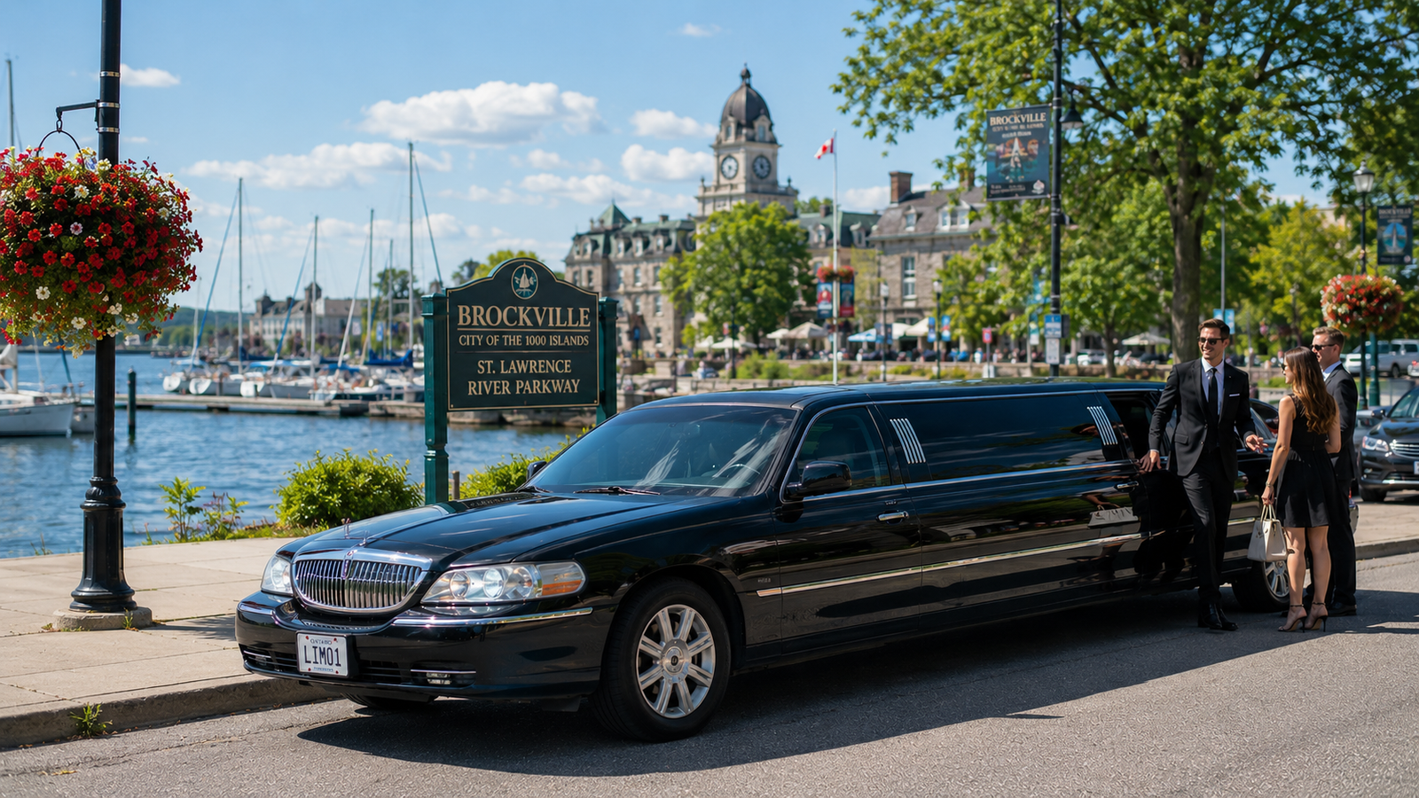 Black luxury limousine parked along the St. Lawrence River parkway in Brockville.