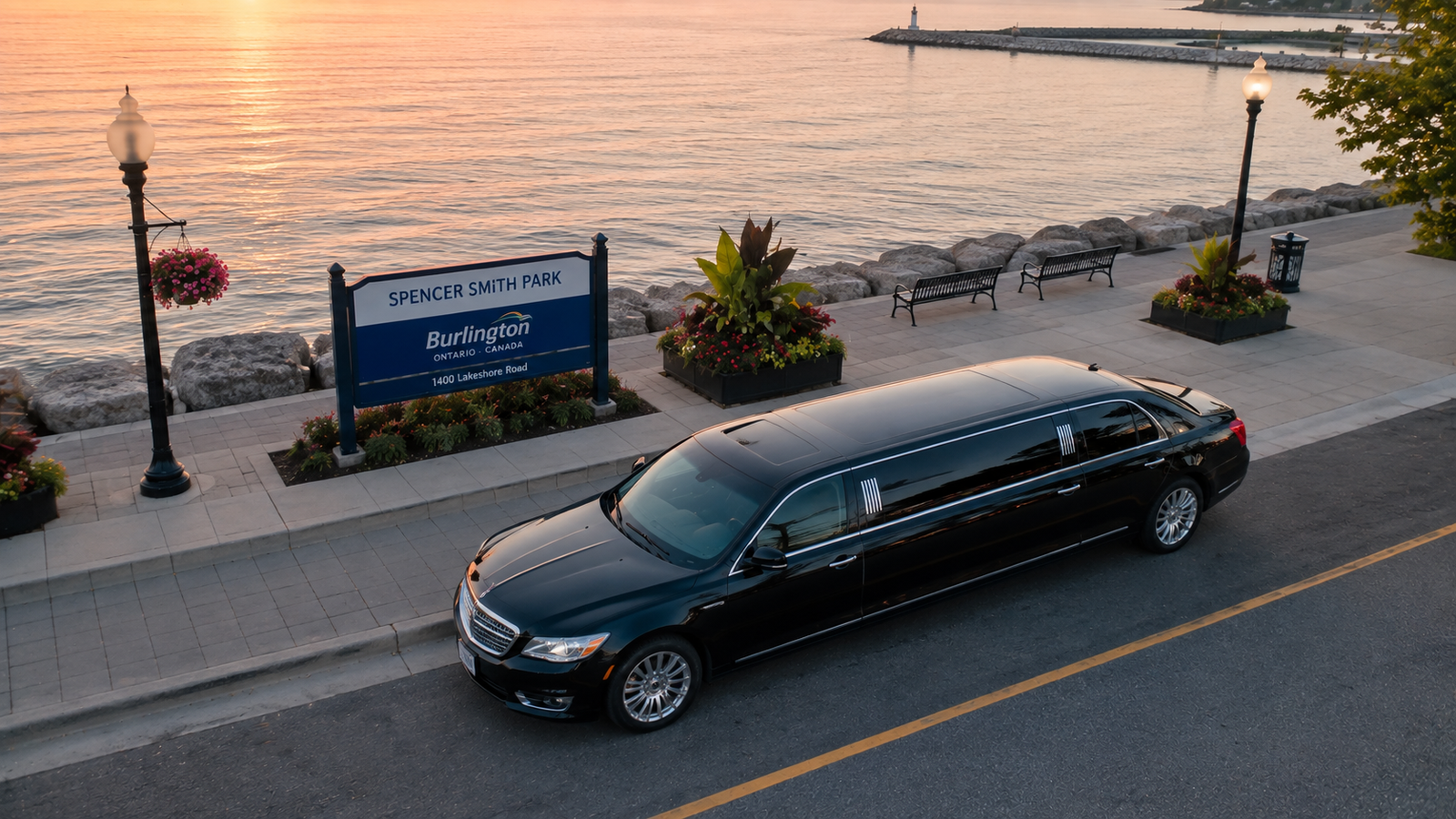 Black executive sedan limo parked near Spencer Smith Park waterfront in Burlington.
