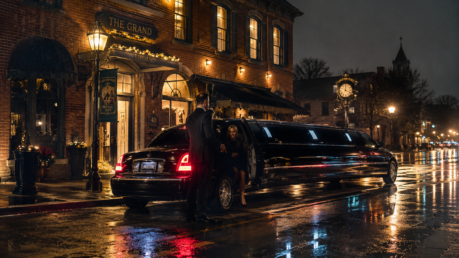 Black luxury stretch limousine parked outside a historic brick building in Carleton Place on a rainy night.