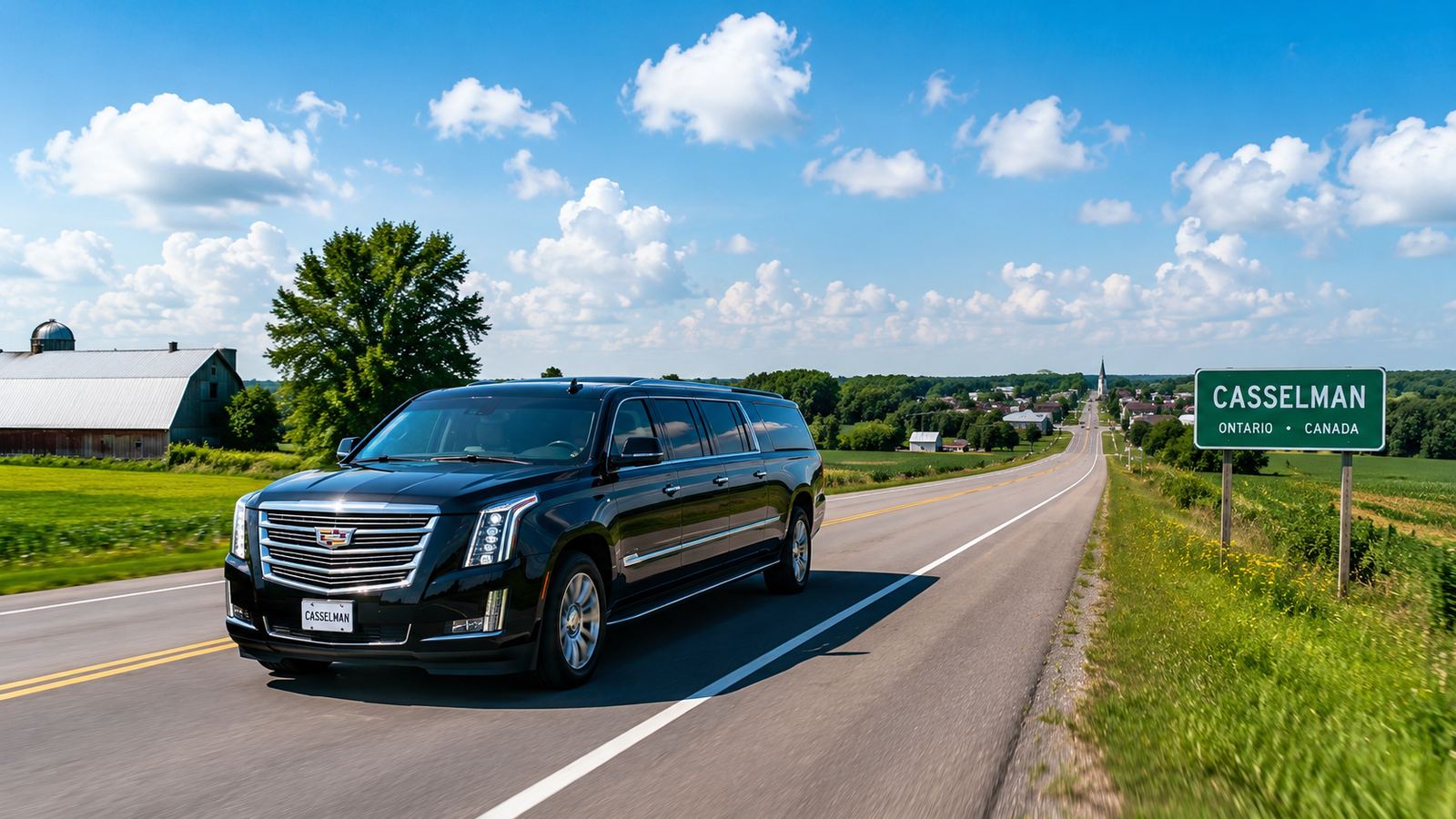 White luxury SUV limo driving along an open rural highway in Casselman.