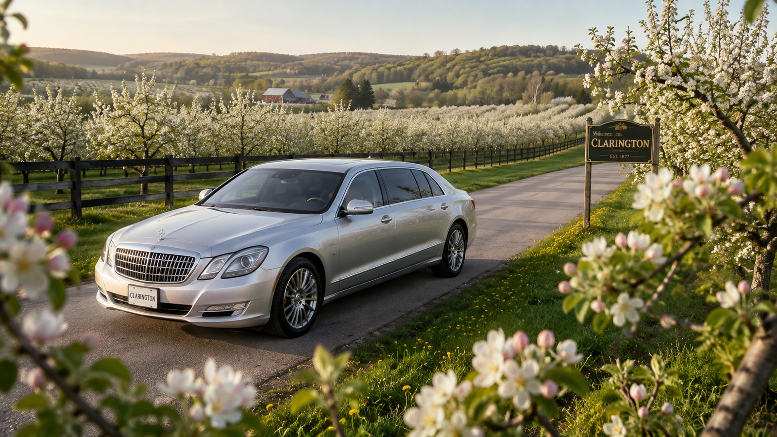 Silver luxury sedan limo parked along a country orchard road in Clarington.