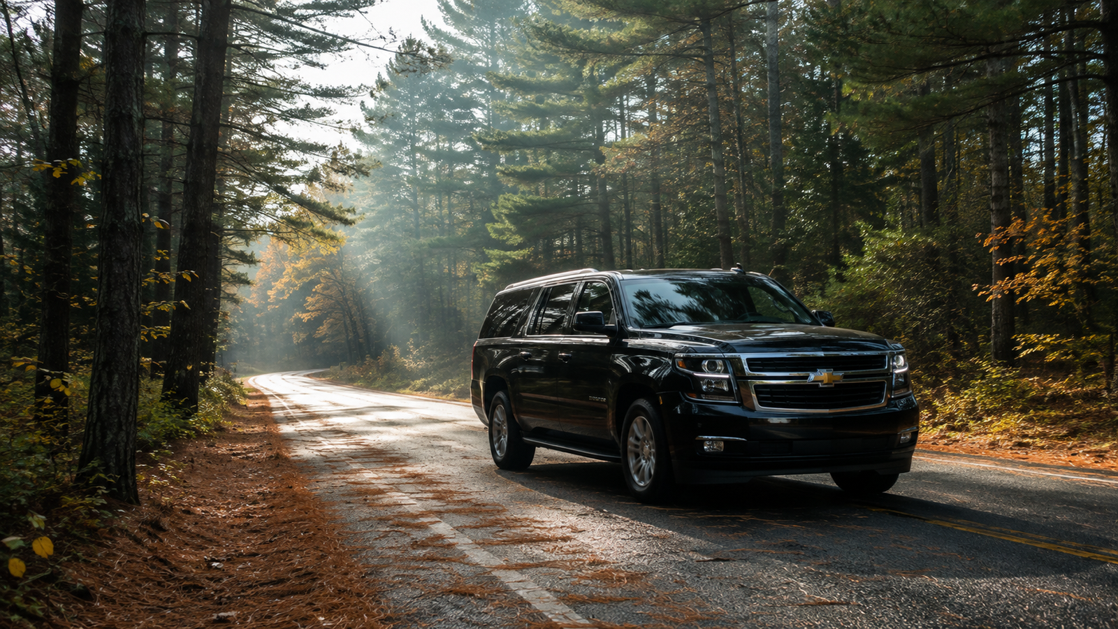 Black luxury SUV limo driving on a quiet forested road near Coldwater.
