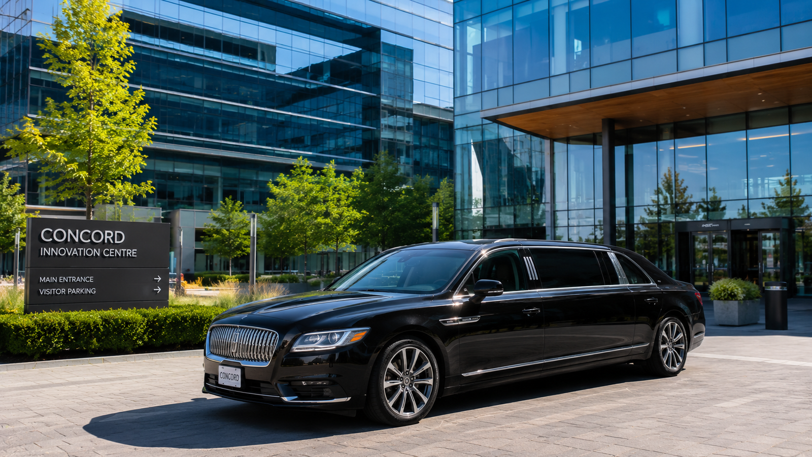 Black sedan limo parked outside a modern glass corporate office building in Concord.