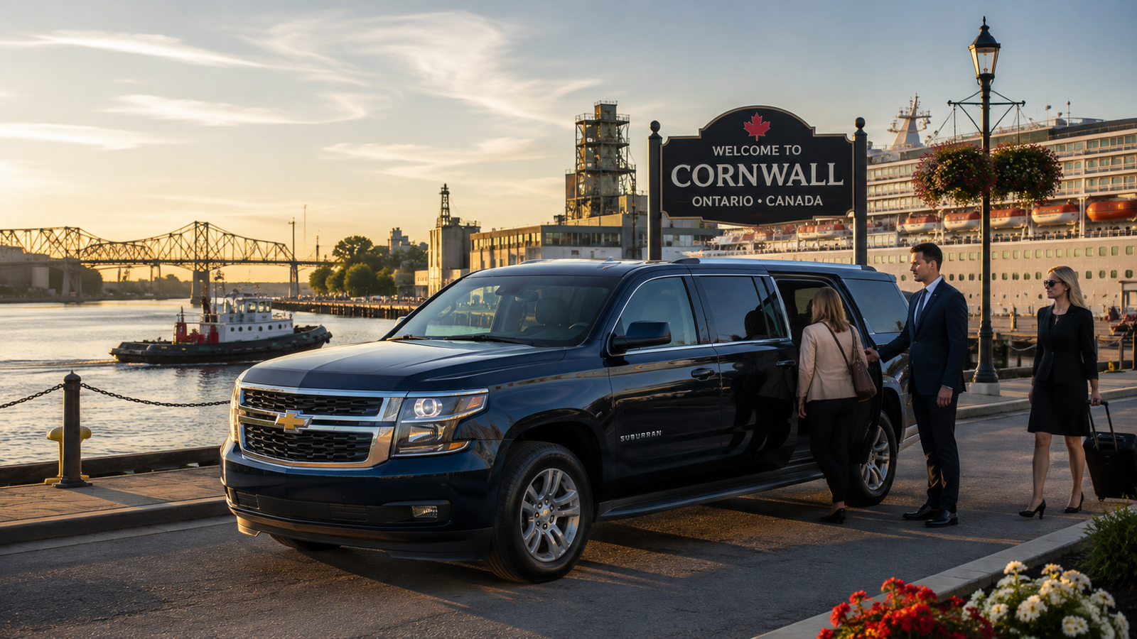 Dark blue luxury SUV limo parked near a riverside port in Cornwall.