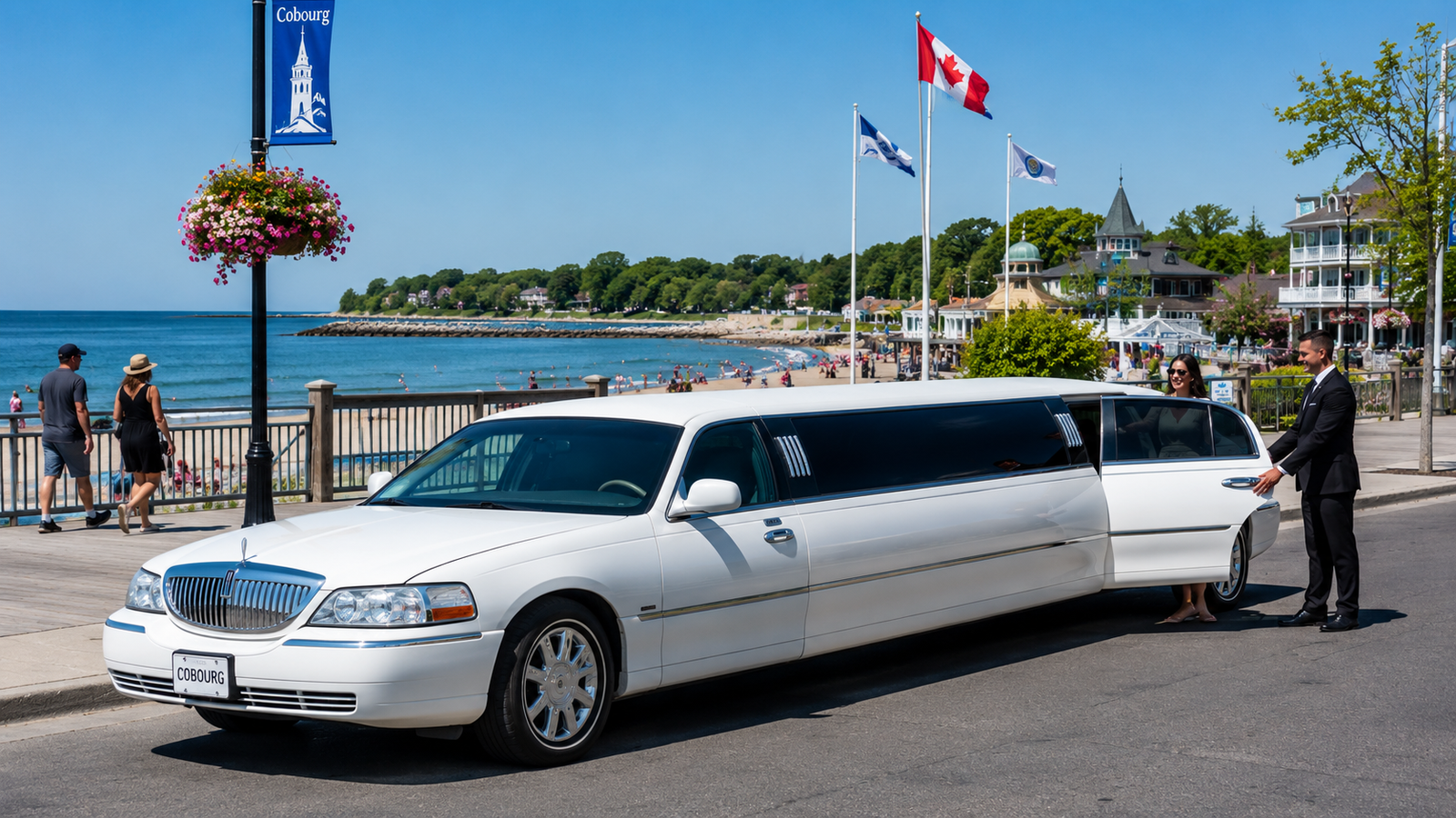 White limousine parked near the sandy beach boardwalk in Cobourg.