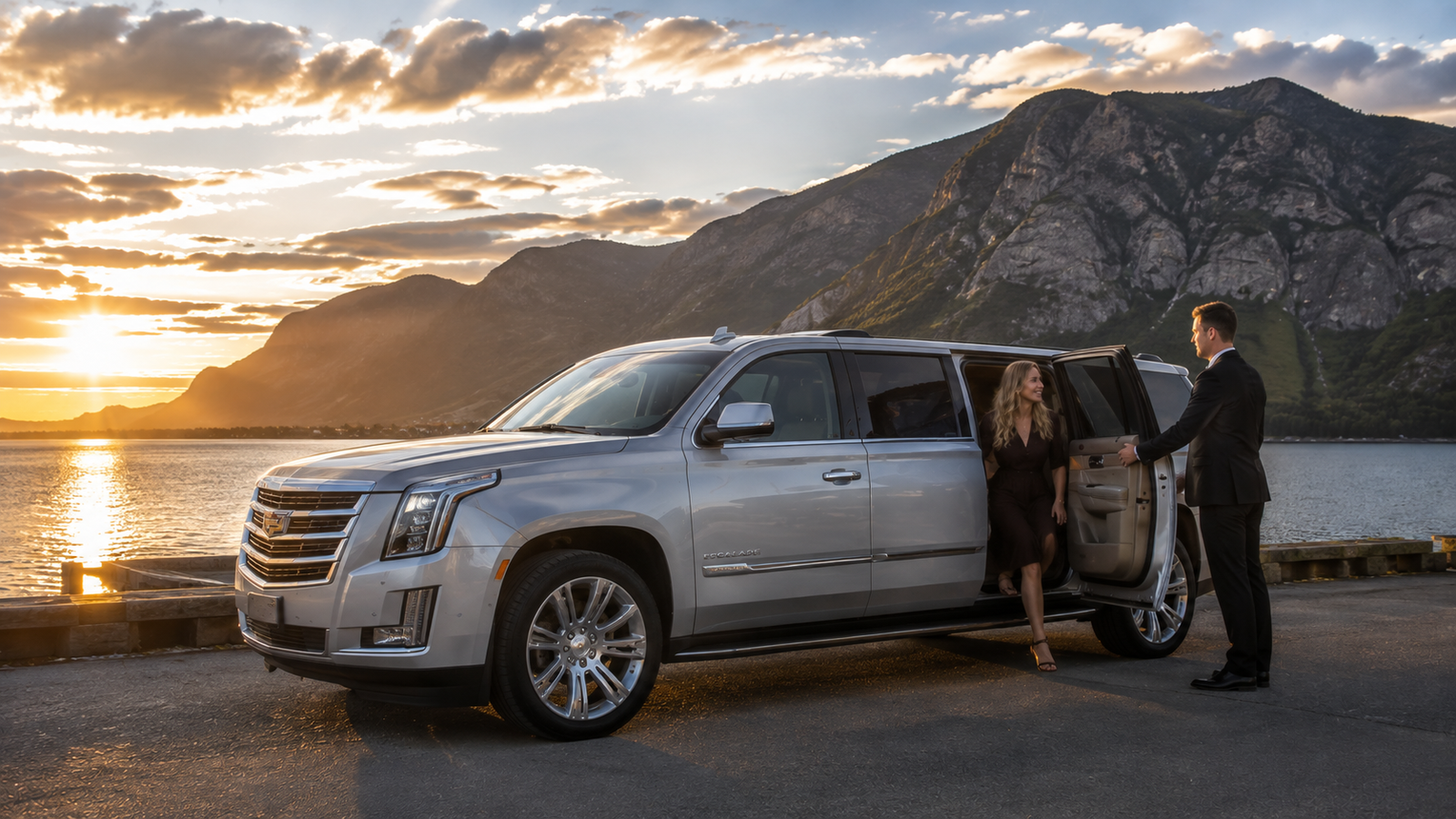Silver luxury SUV limo parked near a calm bay with mountain views in Deep River.