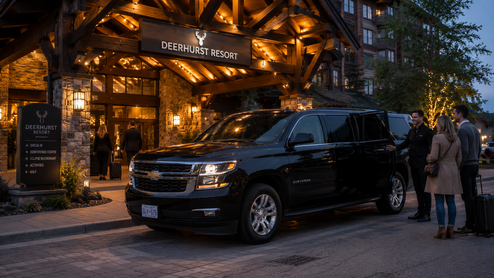 Black luxury SUV limo parked outside the Deerhurst Resort timber lodge entrance.