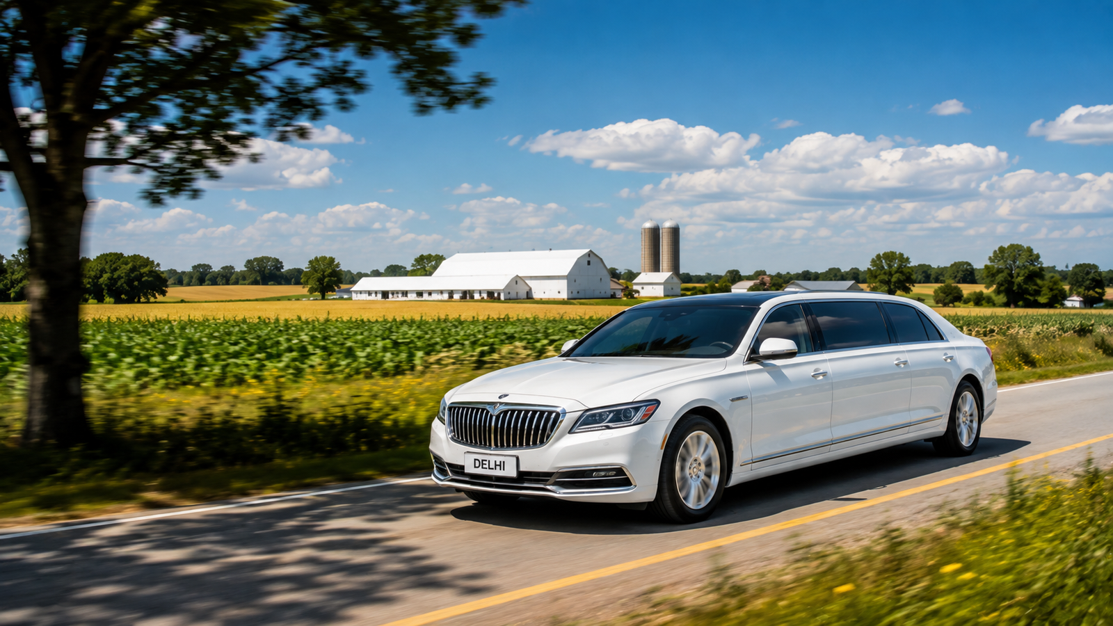 White executive sedan limo driving past sunlit agricultural fields in Delhi.