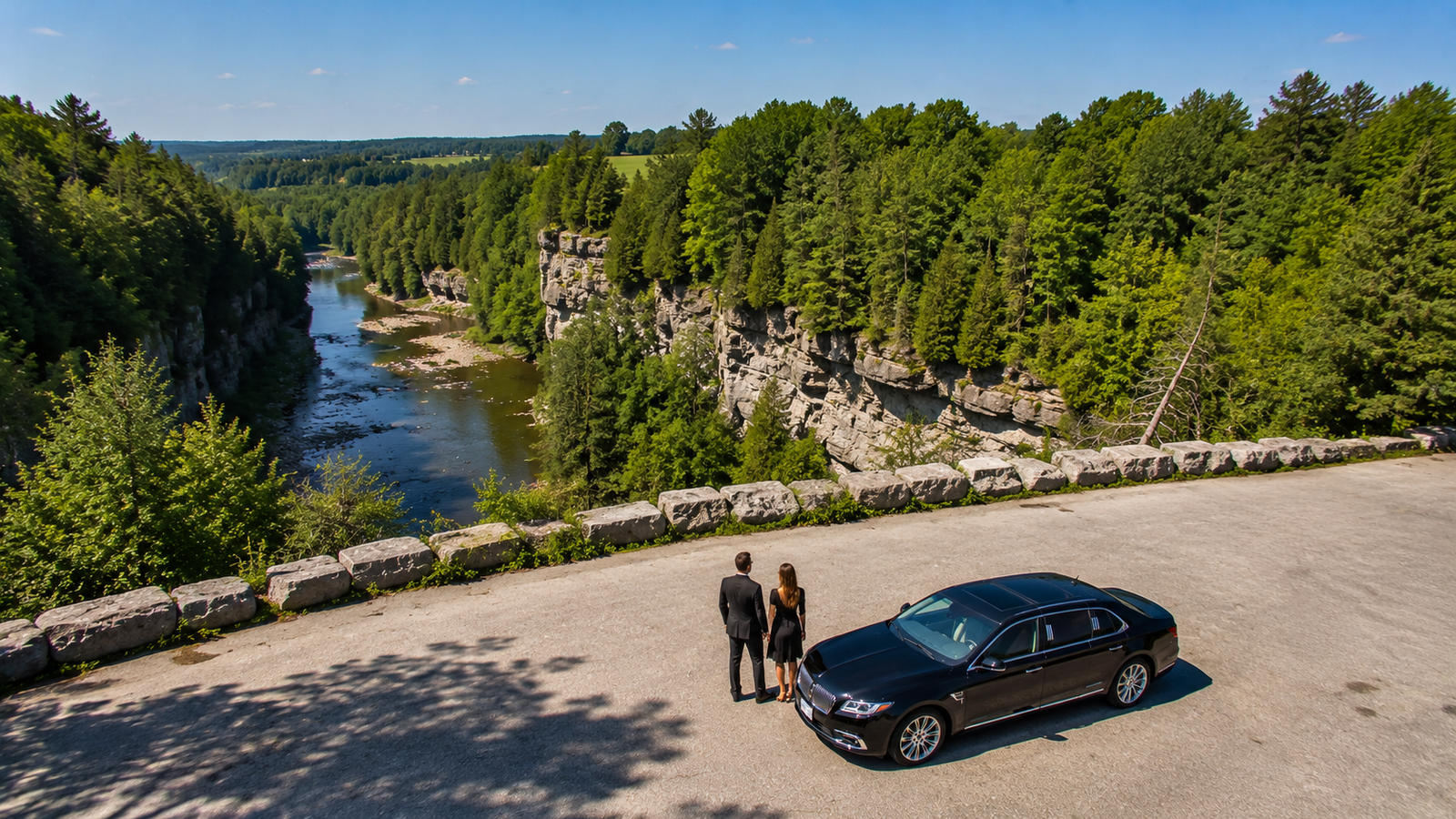 Black luxury sedan limo parked overlooking the limestone cliffs of Elora Gorge.