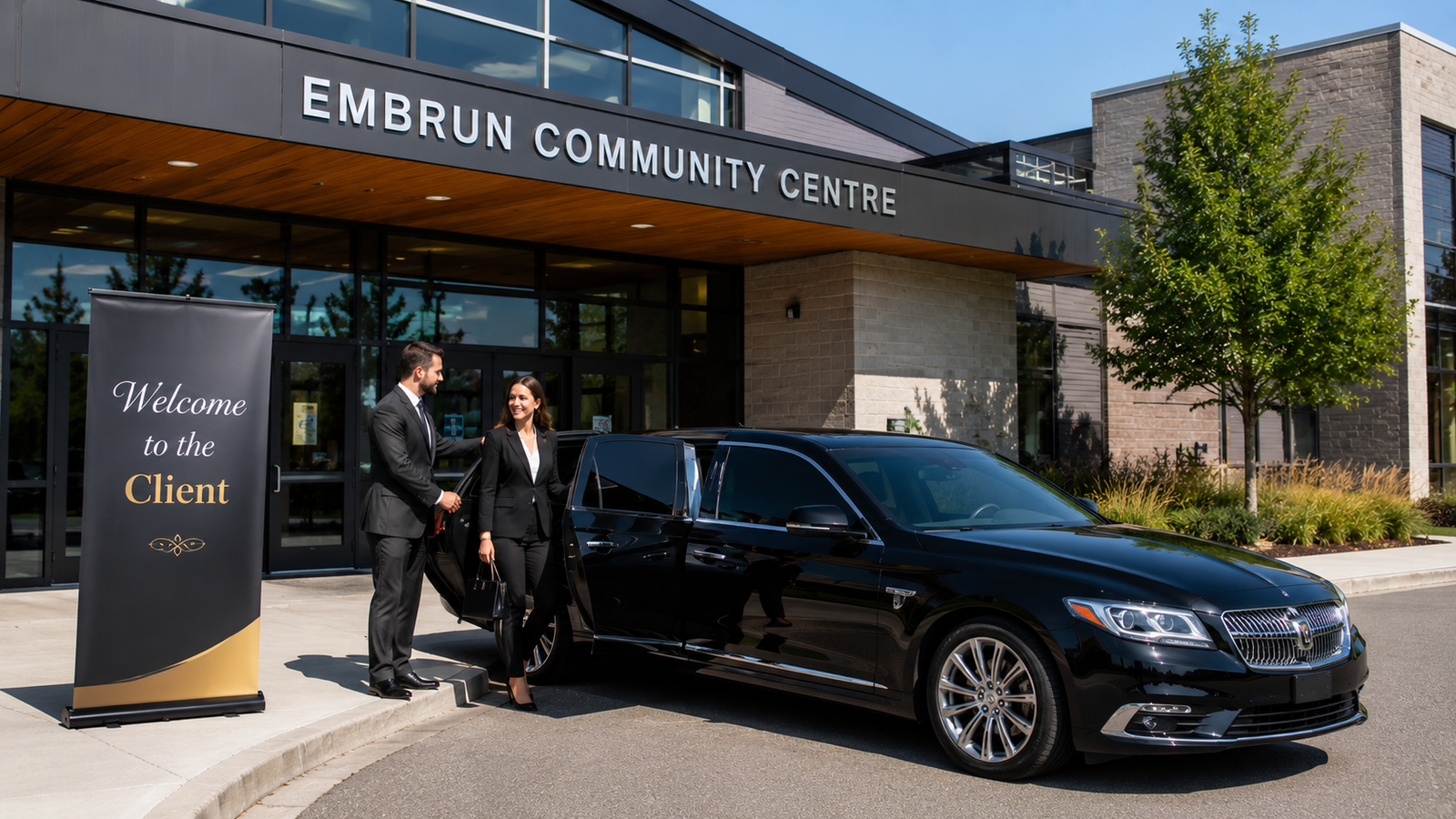 White executive sedan limo parked outside a modern community center in Embrun.
