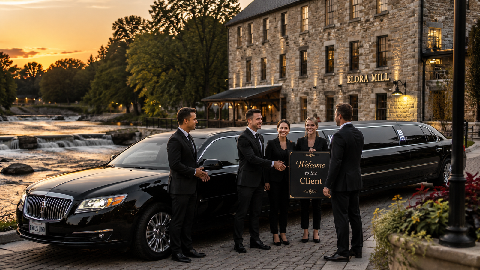 lack luxury SUV limo parked near a historic stone mill in Fergus.