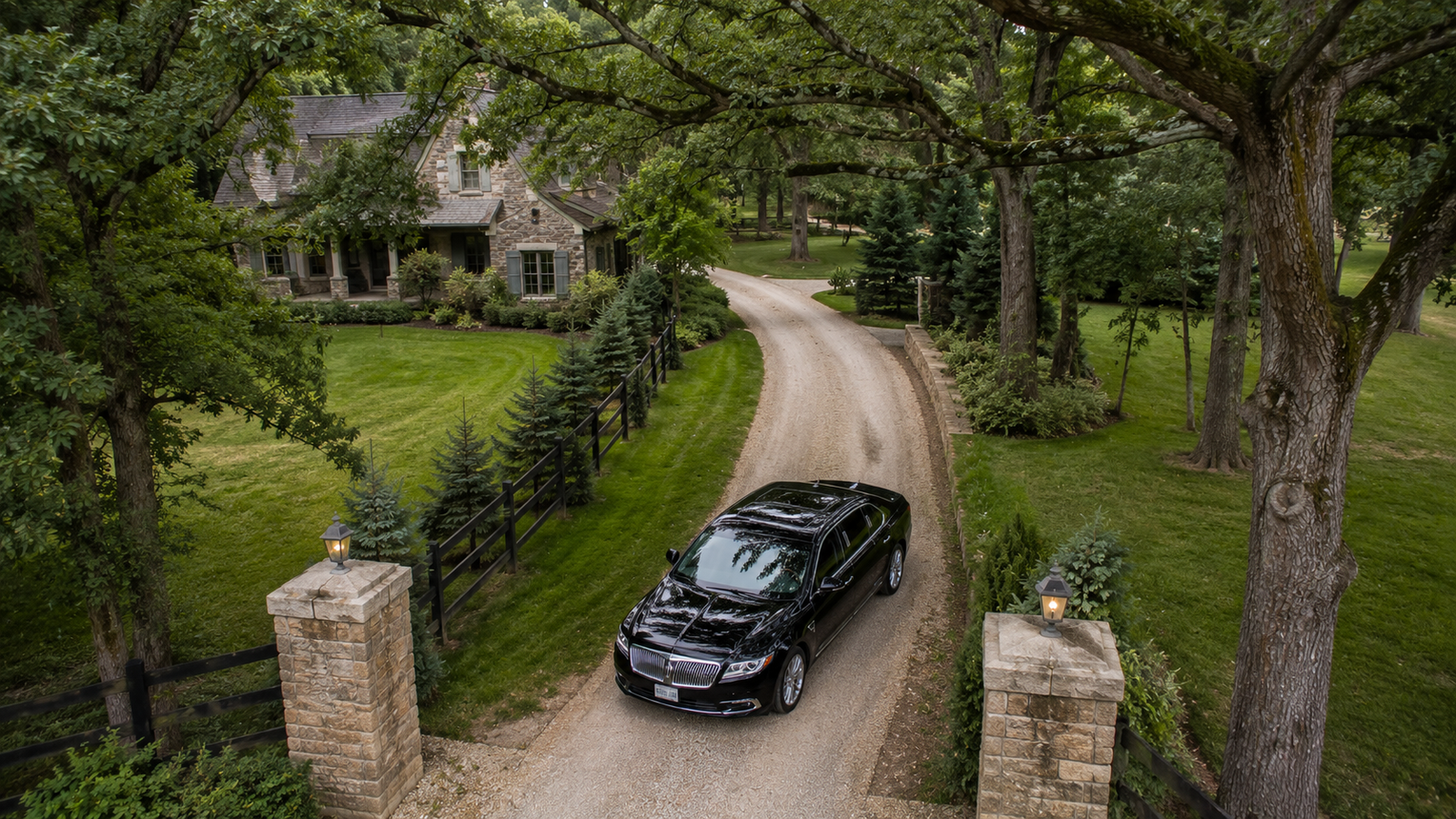 Metallic gray sedan limo parked on a country estate driveway in Flamborough.