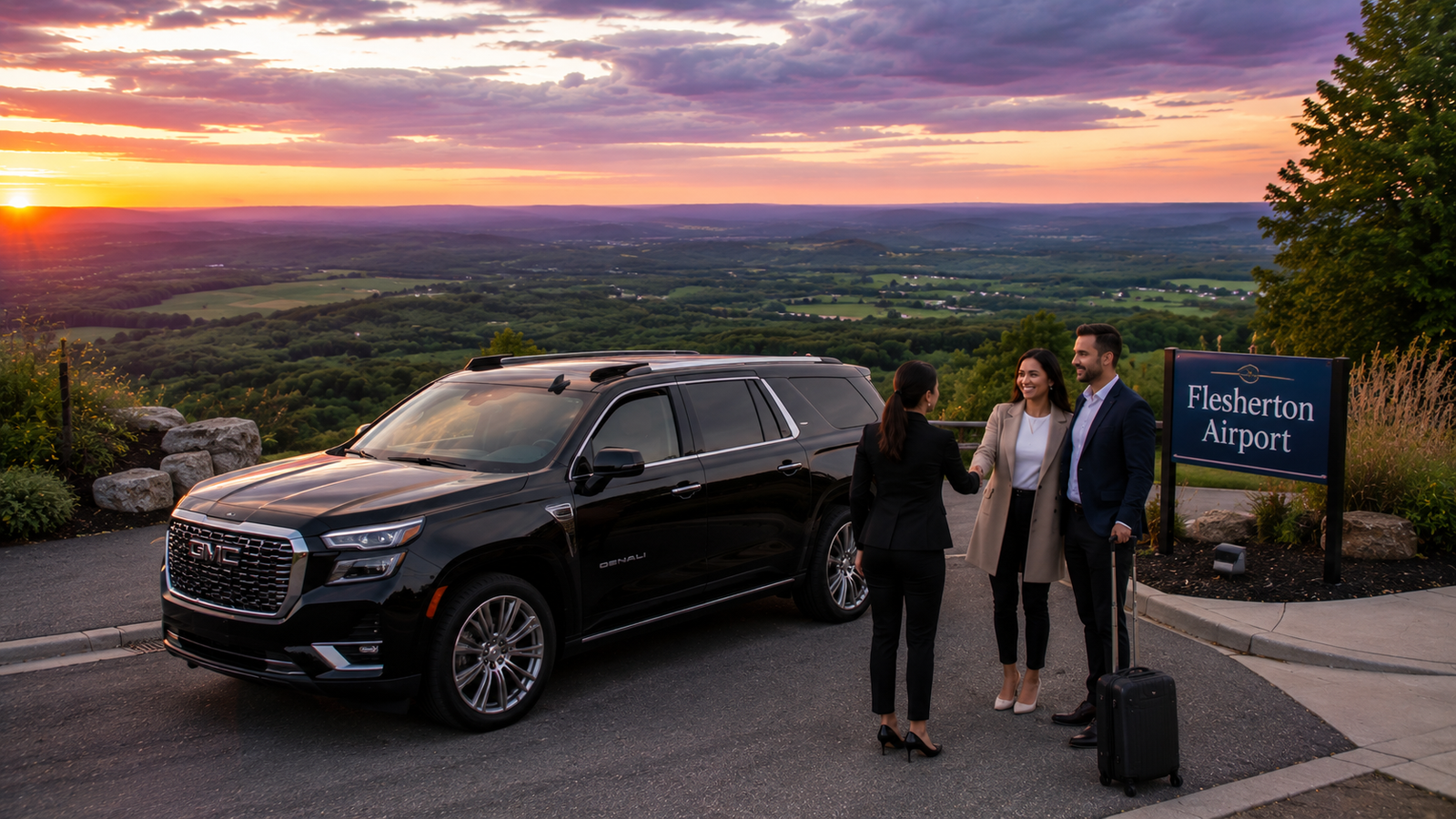 Black luxury SUV limo driving along a high country ridge in Flesherton at sunset.