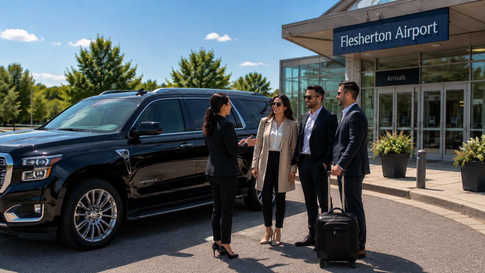White executive sedan limo driving past blooming fruit orchards in Fonthill.