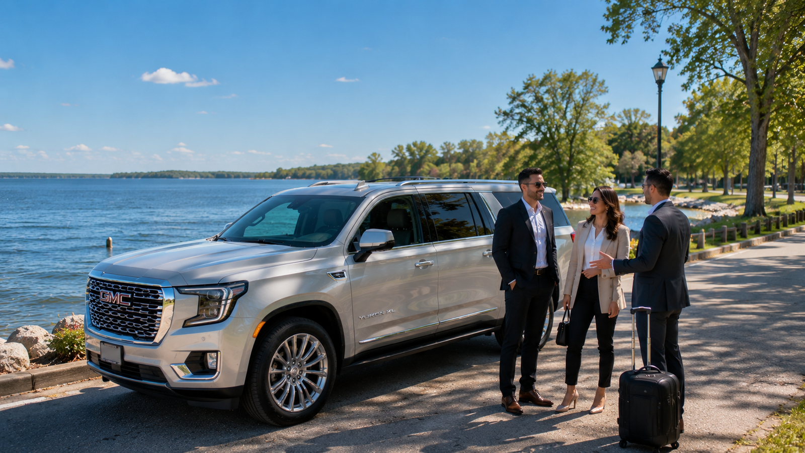 Silver luxury SUV limo parked near the Lake Simcoe shoreline park in Georgina.