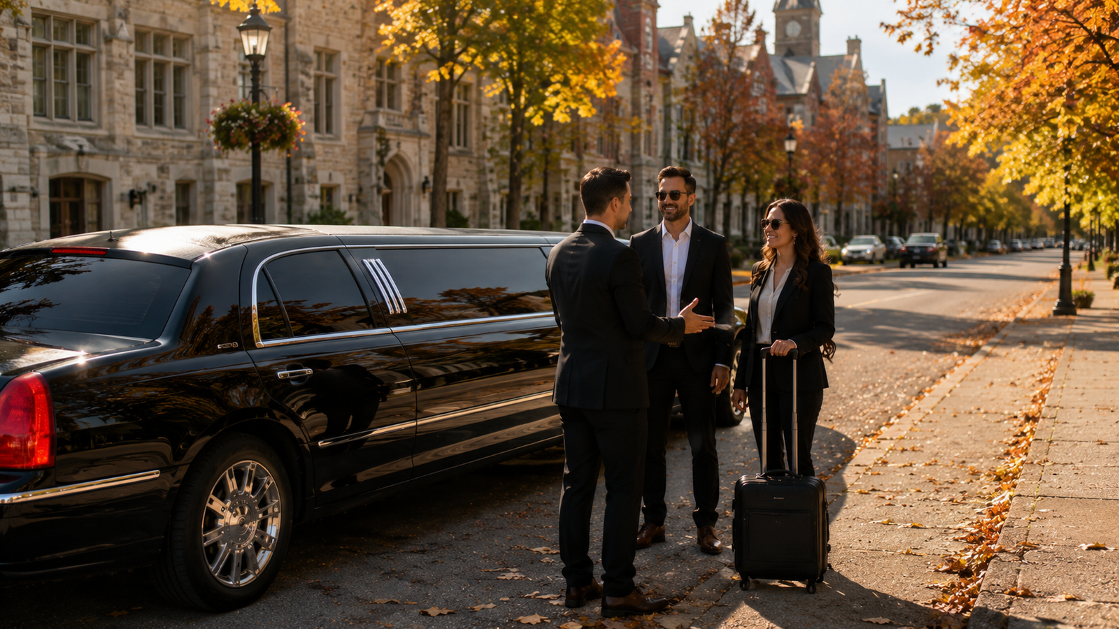 Black luxury sedan limo parked along a tree-lined heritage boulevard in Georgetown.