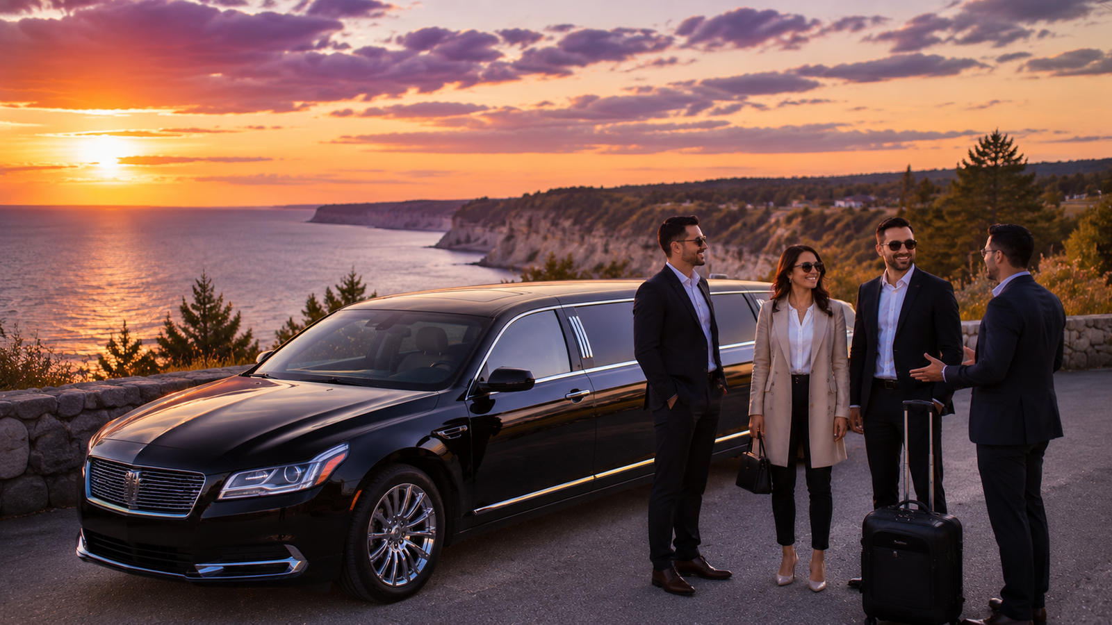 Glossy black limousine parked overlooking Lake Huron cliffs in Goderich at sunset.