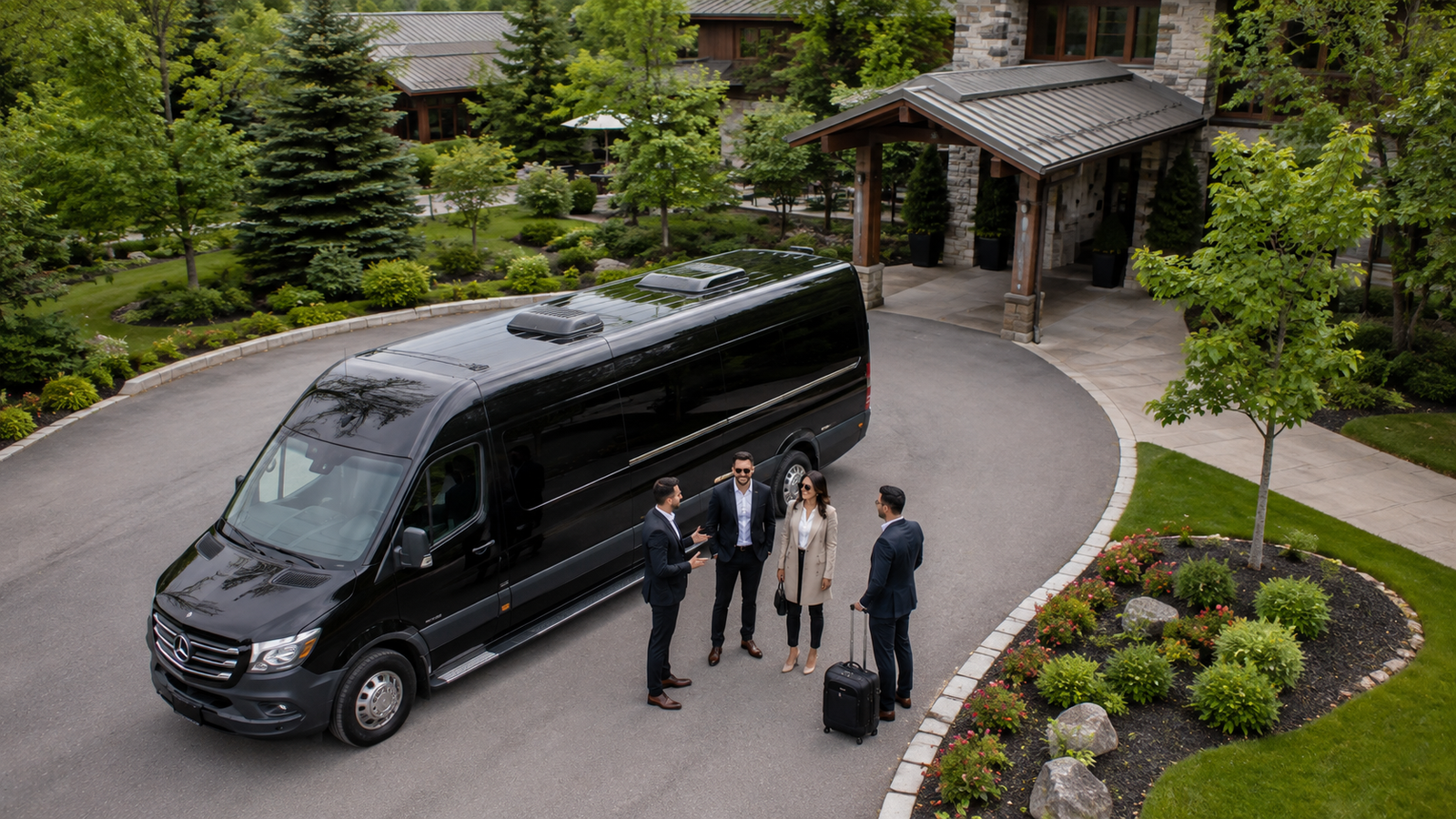 Executive black SUV limo parked outside a corporate retreat center in Gormley.