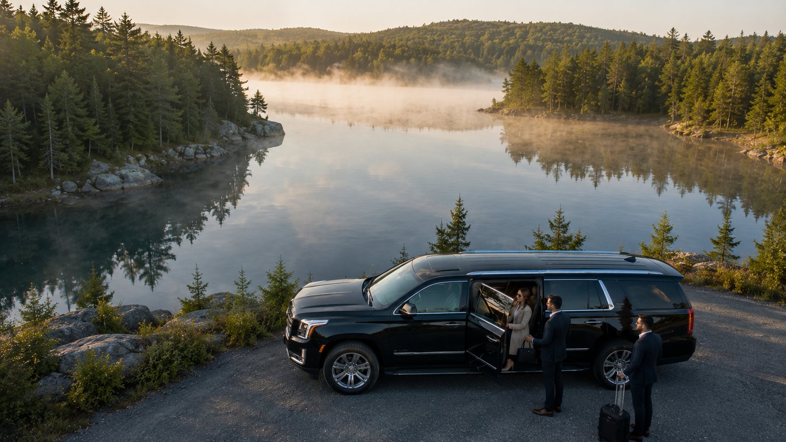 Dark gray luxury SUV limo parked near a wilderness lake in Gracefield.