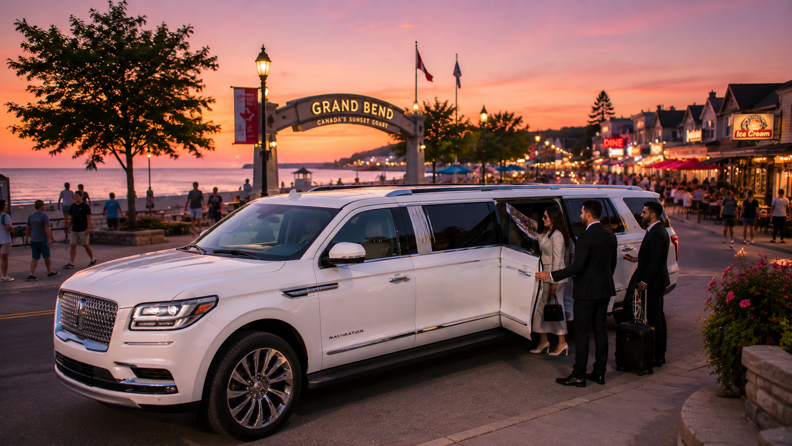 White luxury SUV limo parked near the Grand Bend beach strip at dusk.