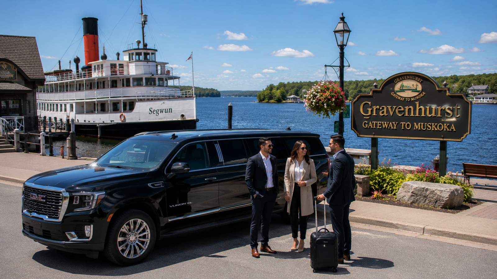 Black luxury SUV limo parked near a historic steamship dock in Gravenhurst.