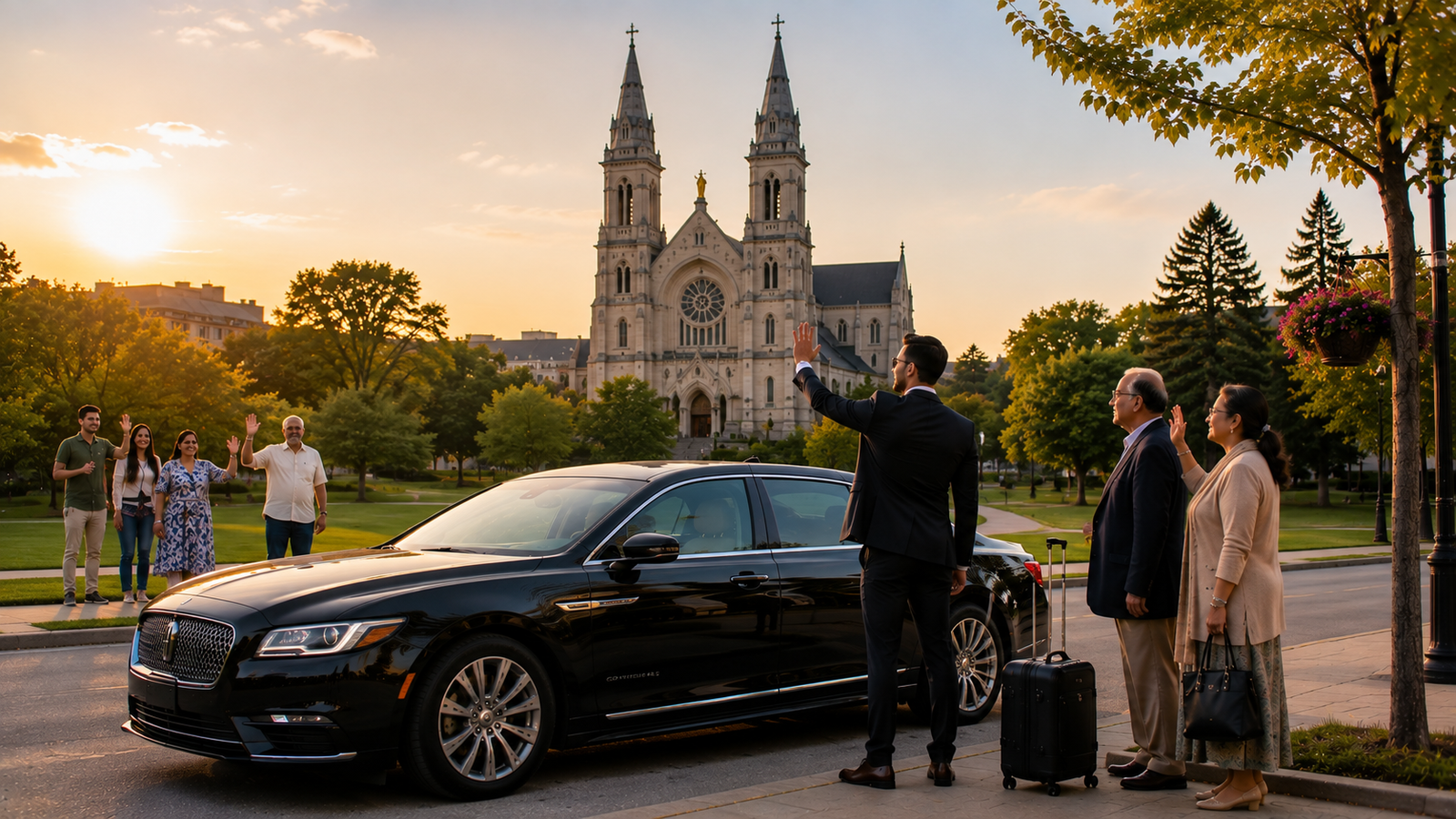 Black luxury sedan limo parked with the Basilica of Our Lady in the background in Guelph.