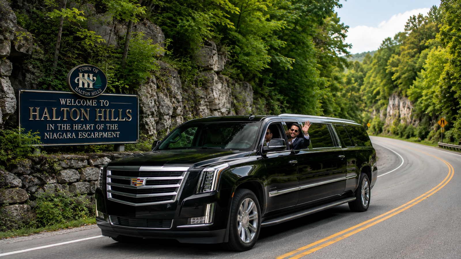 Silver SUV limo driving through the Escarpment hills road in Halton Hills.